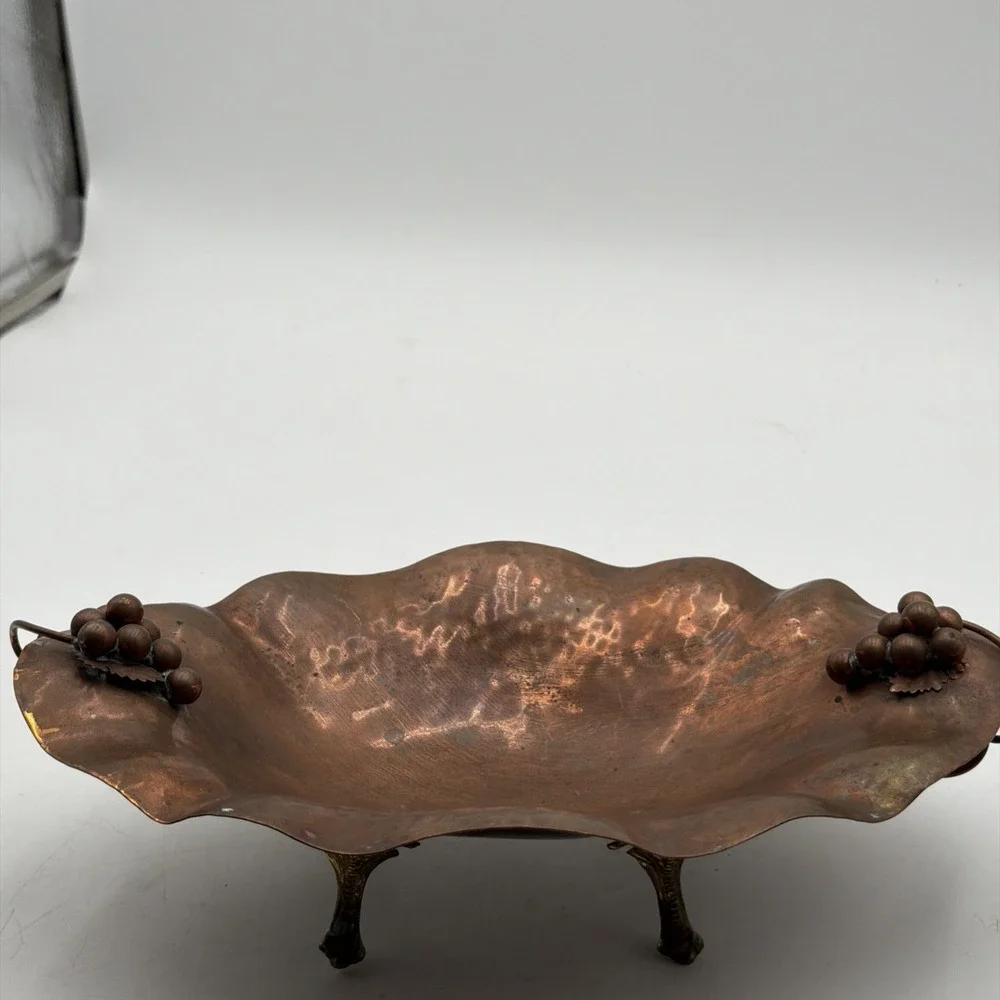 Rare Vintage MCM Copper Brass GRAPES Footed Brass Feet Console Bowl 11 3/4